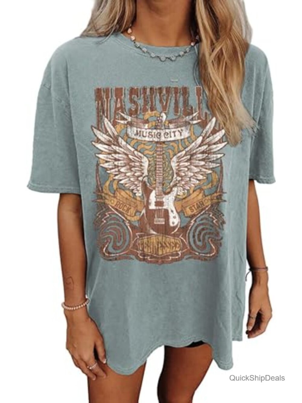 Oversized Rock Band T-Shirt Women Country Music Guitar Wings Tee
